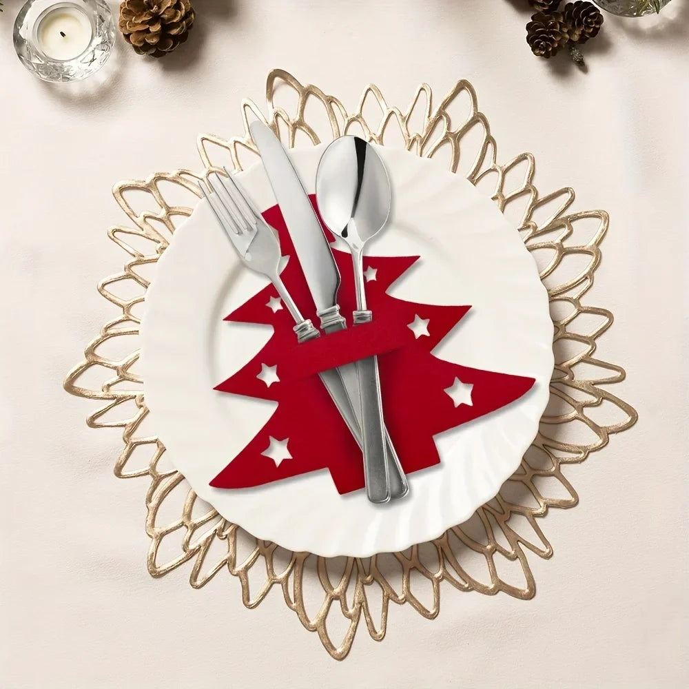 12pcs Christmas Tree Placemats Felt Fork and Spoon Bag Set Suitable for Christmas and Other Holiday Party Table Decoration