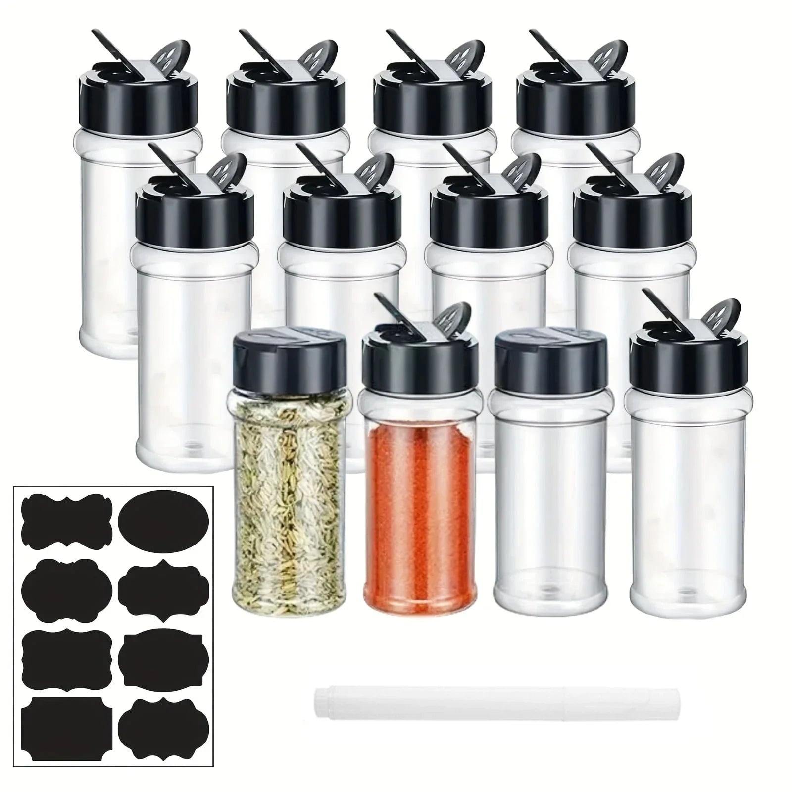 100ml plastic spice jar with shaker lid Label and pens seasoning container 3.5oz spice container with black lid seasoning jar fo