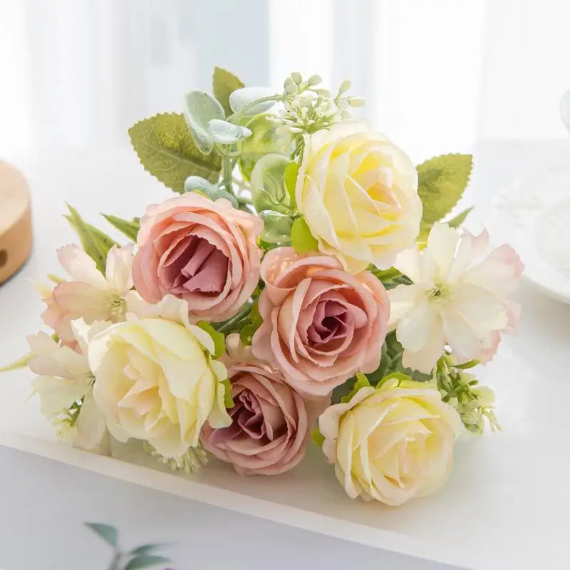 Artificial 1PC Flowers Wedding Home Bedroom Decoration Bridal Bouquet Garden Fake Silk Roses Hydrangeas Vase For Board Outdoors