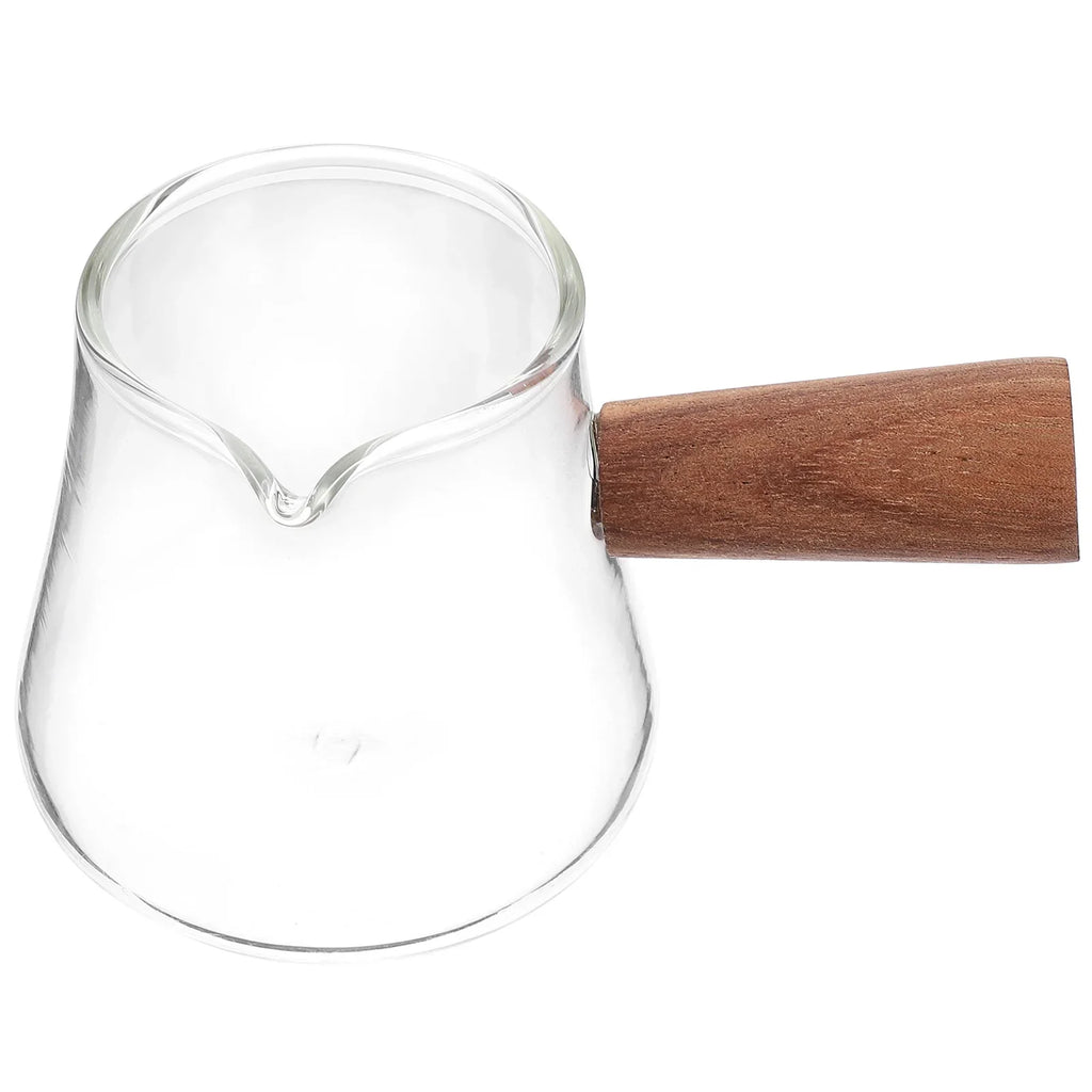 Glass Milk Creamer Pitcher Wood Handle Elegant Design No Drip Mouth Suitable for Coffee Dairy and Tableware Milk Pitcher Cup