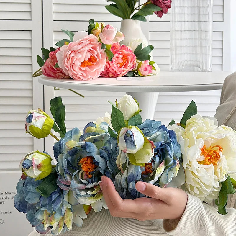 60CM Artificial Focal Edge Peony Flower Retro Oil Painting Baked Edge Peony Silk Flower Home Decoration Photography Prop
