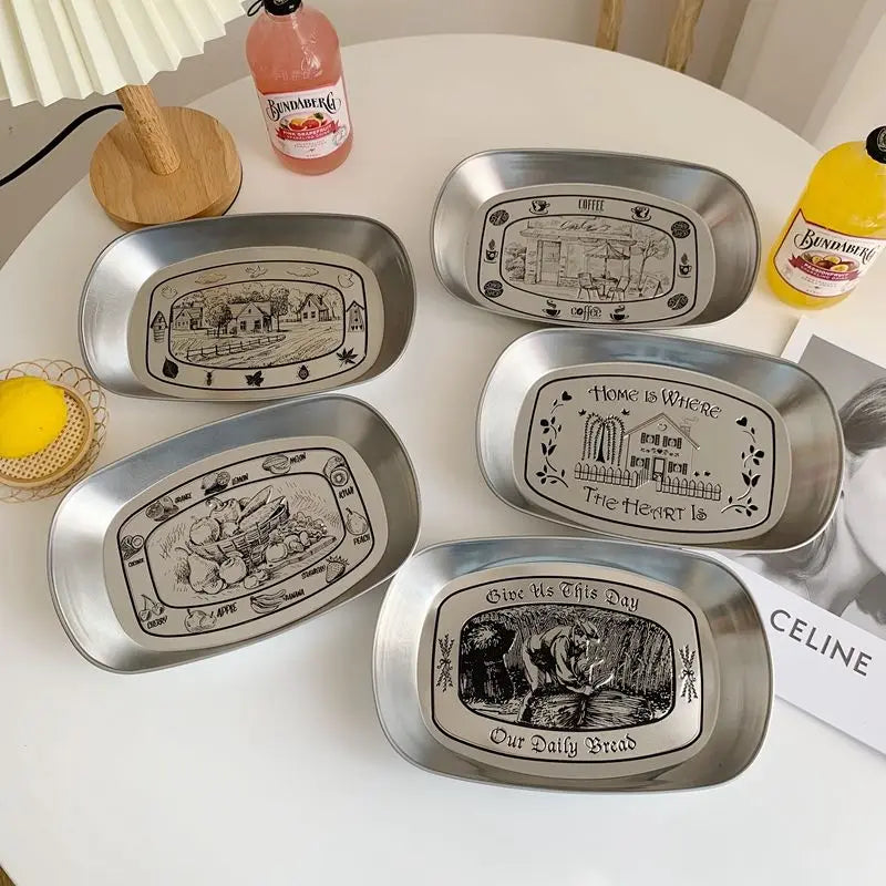 Retro Fruit Plate European Snack Plate Tinplate Restaurant Pastry Dish Metal Dried Fruit Dinner Tray Outdoor Picnic Tableware