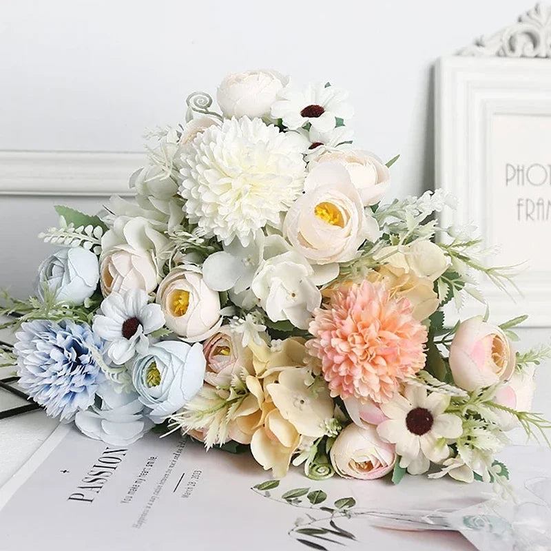 Artificial 1PC Flowers Wedding Home Bedroom Decoration Bridal Bouquet Garden Fake Silk Roses Hydrangeas Vase For Board Outdoors