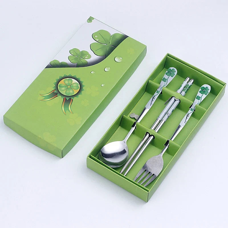 3PC Set of Blue and White Porcelain Tableware Stainless Steel Chopsticks Spoon Fork Gift Box Portable Travel Tableware Set