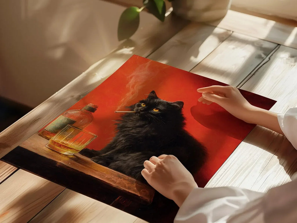 Black Cat Smoking a Cigarette Poster, Vintage Print, Whimsical Wall Art, Funny Animal Art, Poster for Bar Cart, Quirky Kitchen W