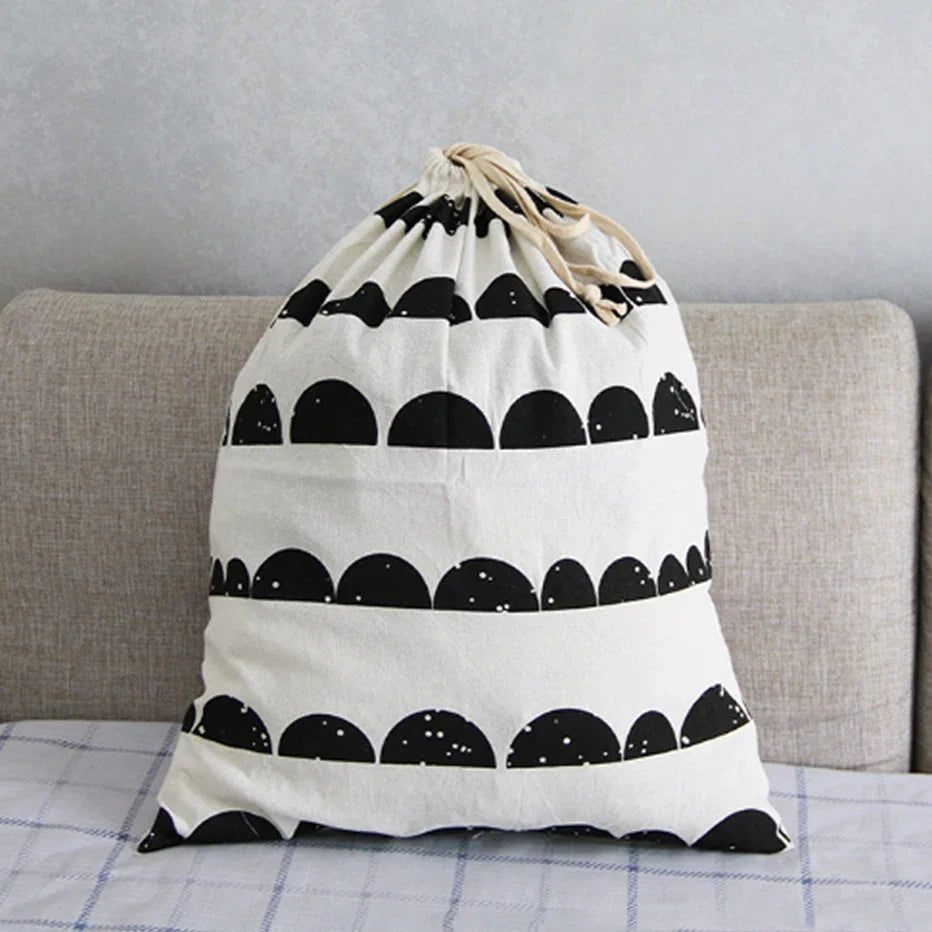 Linen Cotton Laundry Bag Animal Stripe Drawstring Backpack Cartoon Toy Storage Bag Drawstring Dirty Clothes Bag Organizer Pouch