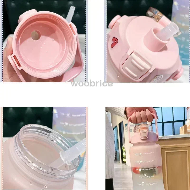1-3PCS Sports Water Bottle for Running Drinking Bottle 2L Motivational with Time Marker Stickers Portable Reusable Plastic Cups