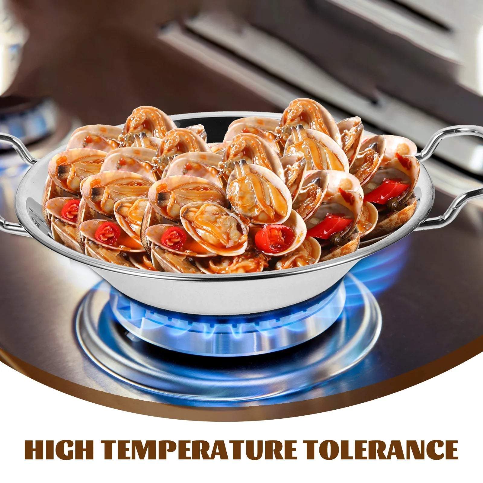 Dry Pot Double Handle Stainless Steel Wok Round Cooking Pan For Home Kitchen Hot Pot Seafood Vegetable Multi-Function