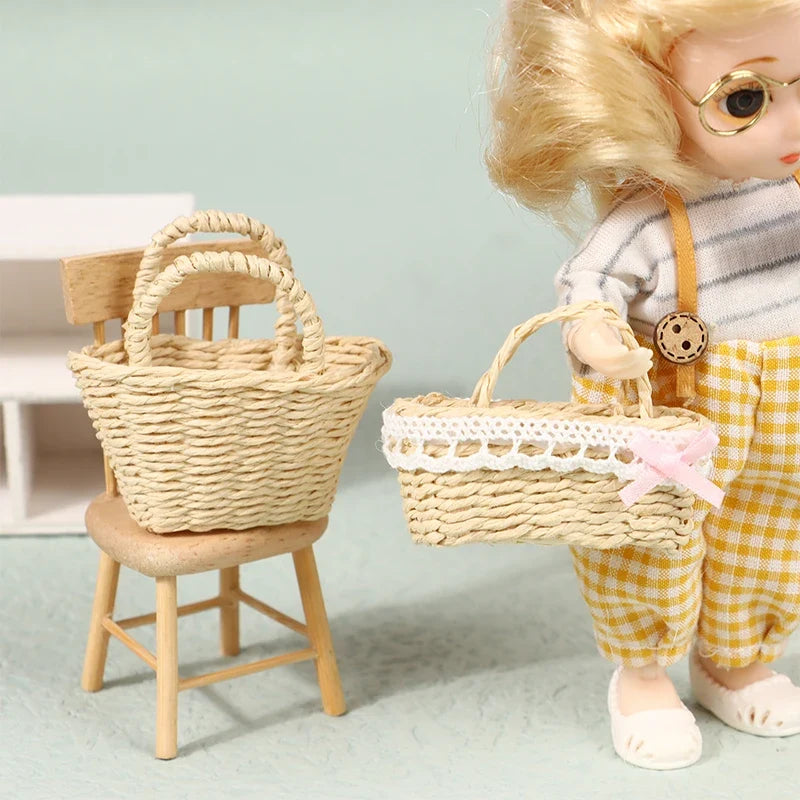 Exquisite Dollhouse Rattan Frame Basket for Miniature Display