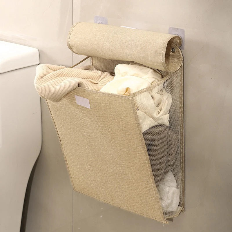 Washing Clothes Mesh Hook Organizer Foldable Adhesive Laundry Basket Hamper, Multifunctional Punch Free Wall Hanging