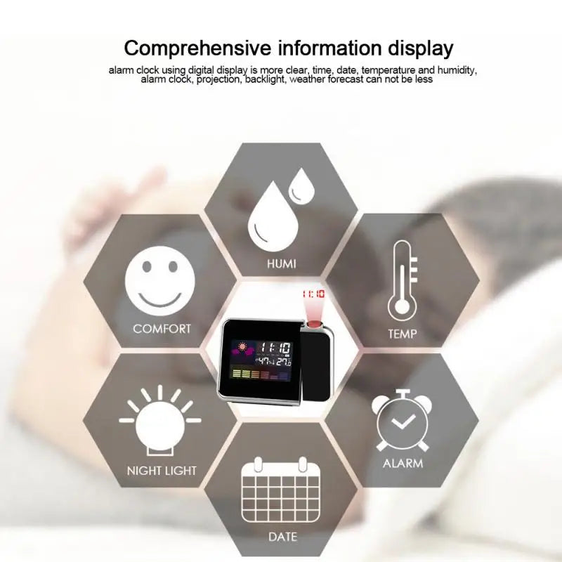 Digital Alarm Clock Wall Projection Weather LCD Screen Snooze Alarm Dual Laser Rotatable Clock Color Display Desk Watch