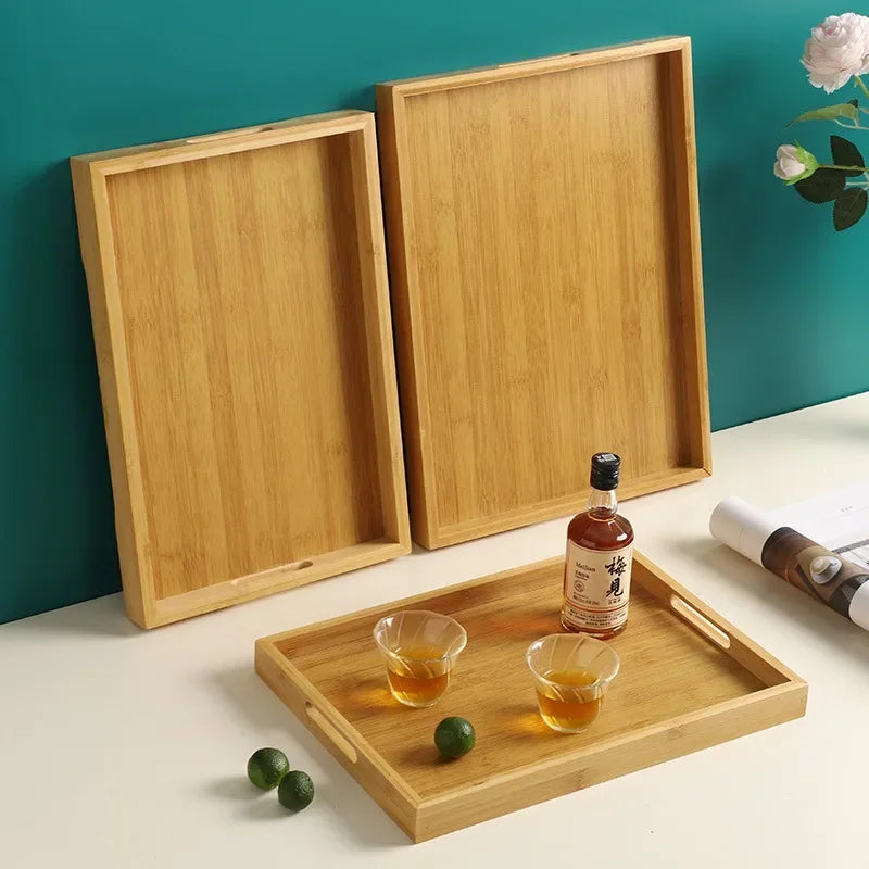 Wooden Bamboo Tray - Rectangular Serving Platter for Home & BBQ | Portable Tray for Bread & Pastries | Eco-Friendly Dining Plate