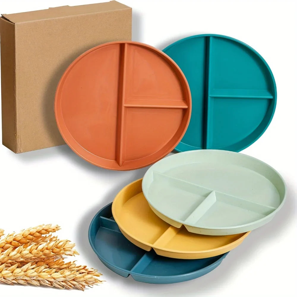 5pcs Dinner Plate, Unbreakable 8.94inch Wheat Plastic Round Gridded Dinner Plate, Divided Plate, Picnic Plate, Salad Plate, Dish