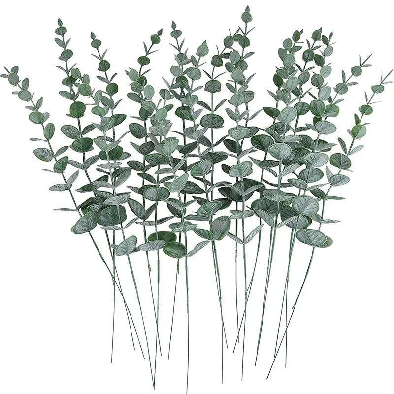 10pcs Artificial Eucalyptus Leaf Wedding Home Decoration Stem Eucalyptus Leaf Golden Green Wedding Decoration Fake Plant Leaves