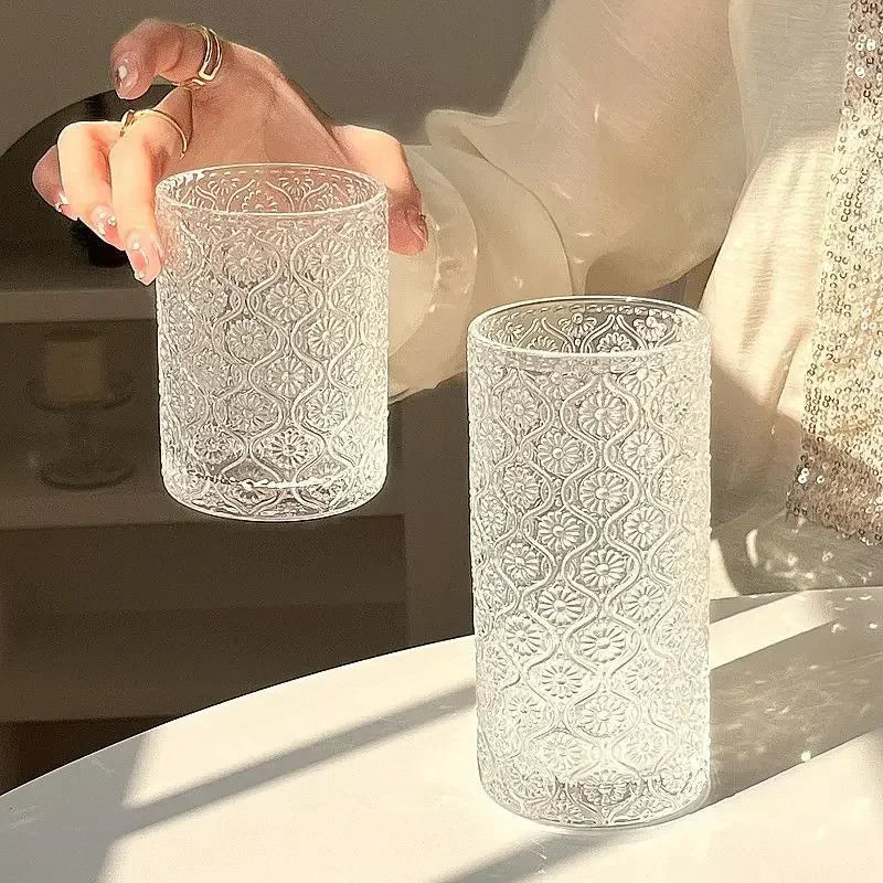 Ins Begonia Carved Glass Simple Ice American Latte Cup Milk Drink Cup Household Water Cup