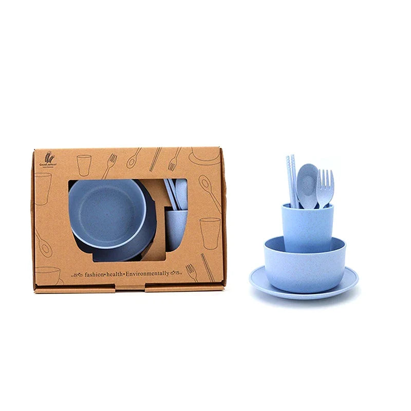 6 Pcs/Set Wheat Straw Baby Tableware Children Food Dishes Bowl Feeding Infant Learning Dinnerware Spoon Chopsticks Fork Cup New