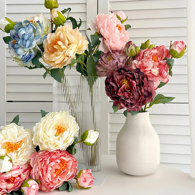 60CM Artificial Focal Edge Peony Flower Retro Oil Painting Baked Edge Peony Silk Flower Home Decoration Photography Prop