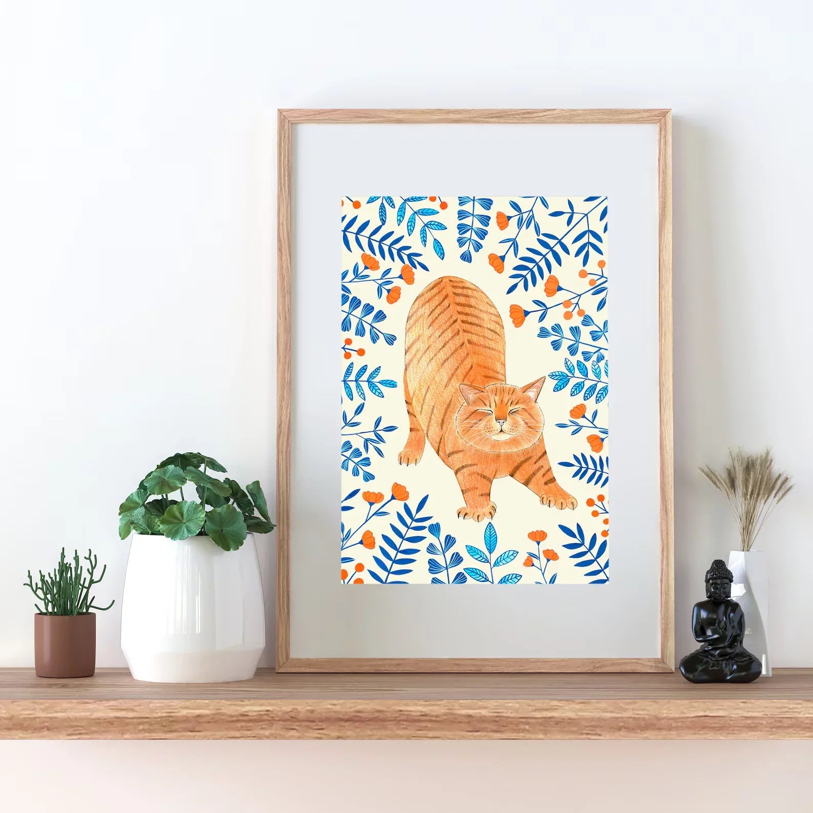 Ginger cat wall art, Floral art print, Orange cat painting, Kitten illustration, Animal artwork, Nursery prints, Flowers wall de