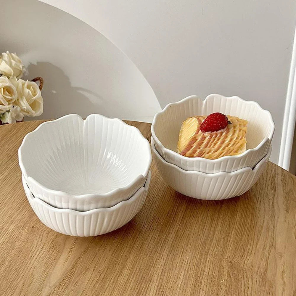 Creative Ceramic Bowl Japanese Solid Color Irregular Floral Shape Porcelain Tableware Breakfast Milk Oats Yogurt Salad Bowls