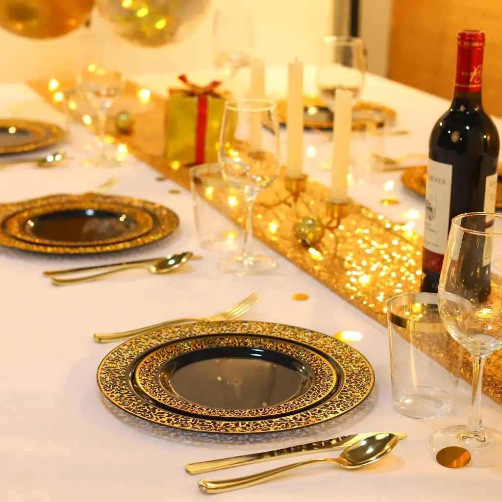 Black Plastic Plates with Gold Rim-Lace Design Party Plates Disposable Dinner Plates,Salad/Dessert Plates for Weddings &Parties