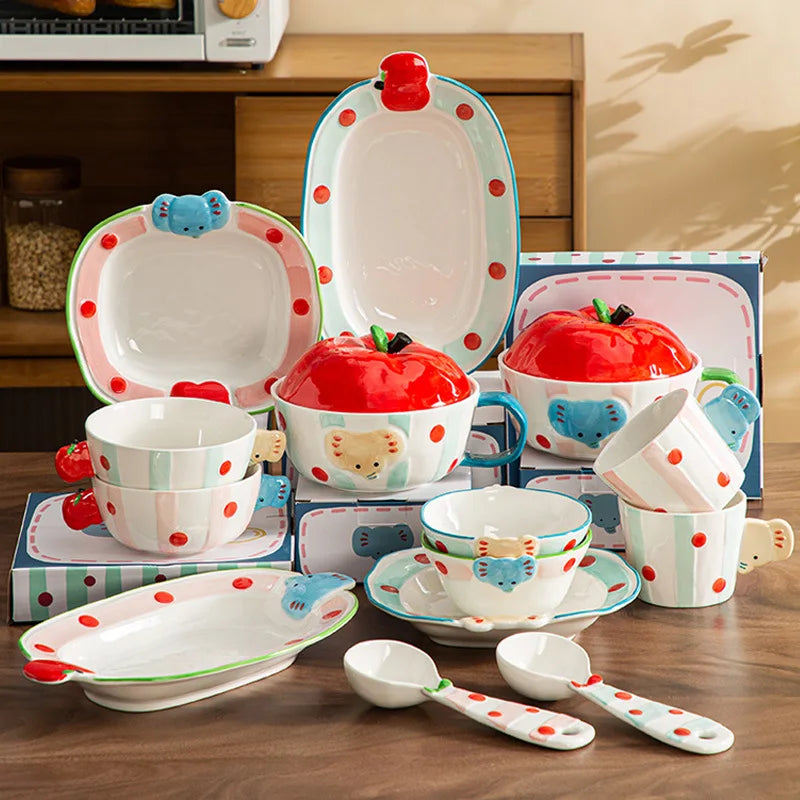 ‌Cute Apple Elephant Ramen Bowl-Microwave Safe Ceramic Tableware Set Cartoon Rice Noodle Dish Gift for New Home Pink Kitchenware