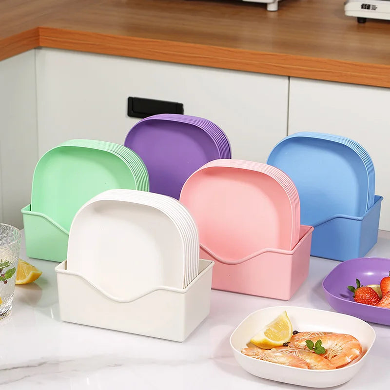 10 Square Dinner Plates with 1 Holder Food Plate Set Snacks Dessert Plastic Candy Cookie Storage Tray Straw Bone Spitting Plate