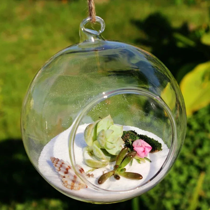 6/8/10cm Mini Hanging Glass Candle Holder Hollow Ball Opening Indoor Hanging Ball Plant Vase for Wedding Party Tree Decoration