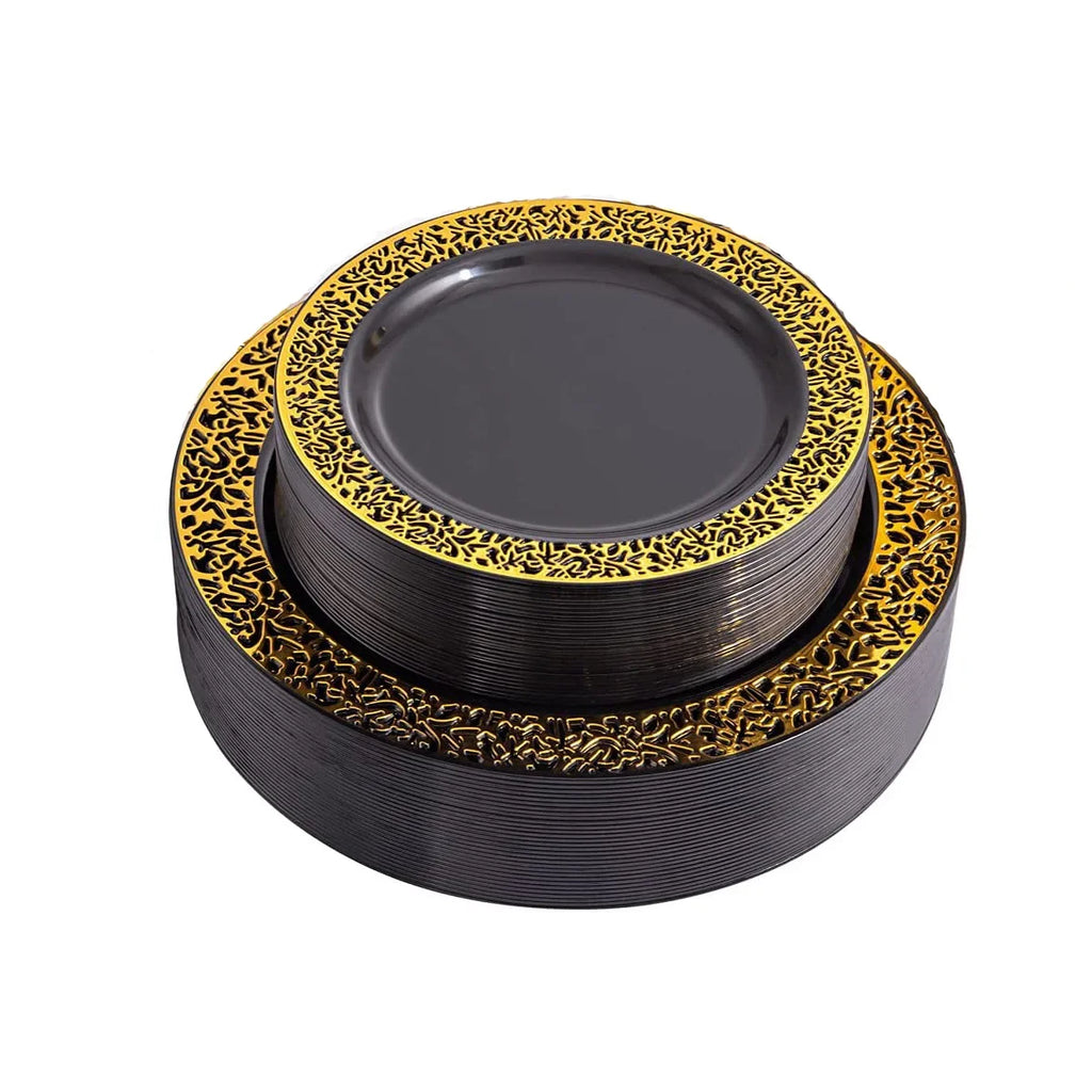 Black Plastic Plates with Gold Rim-Lace Design Party Plates Disposable Dinner Plates,Salad/Dessert Plates for Weddings &Parties