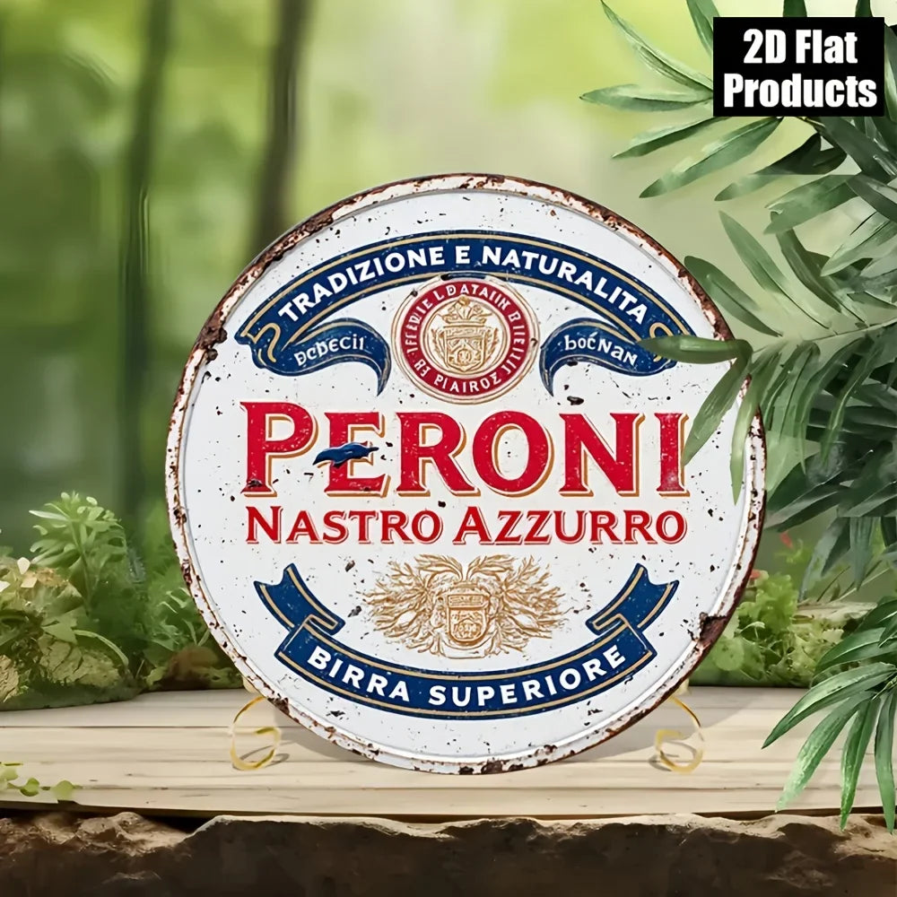 2D Flat, 8x8-Inch Round Aluminum Metal Wall Plaque, Framed - Modern Rustic Style "From Italy to the World" Beer Legend Retro Des