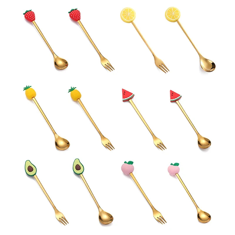 Cartoon Small Spoon Stainless Steel Fork Cartoon Macaron Dessert Spoons Fruit Kids Set Kitchen Accessories