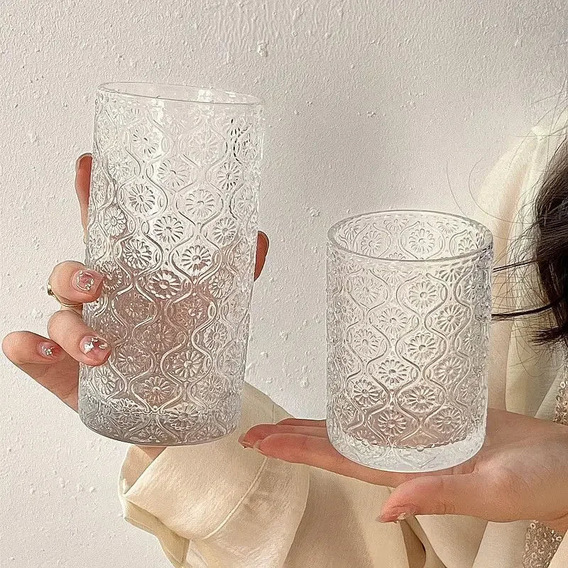 Ins Begonia Carved Glass Simple Ice American Latte Cup Milk Drink Cup Household Water Cup