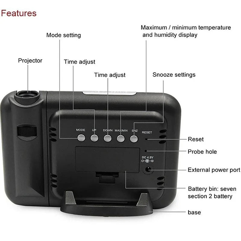 Digital Alarm Clock Wall Projection Weather LCD Screen Snooze Alarm Dual Laser Rotatable Clock Color Display Desk Watch