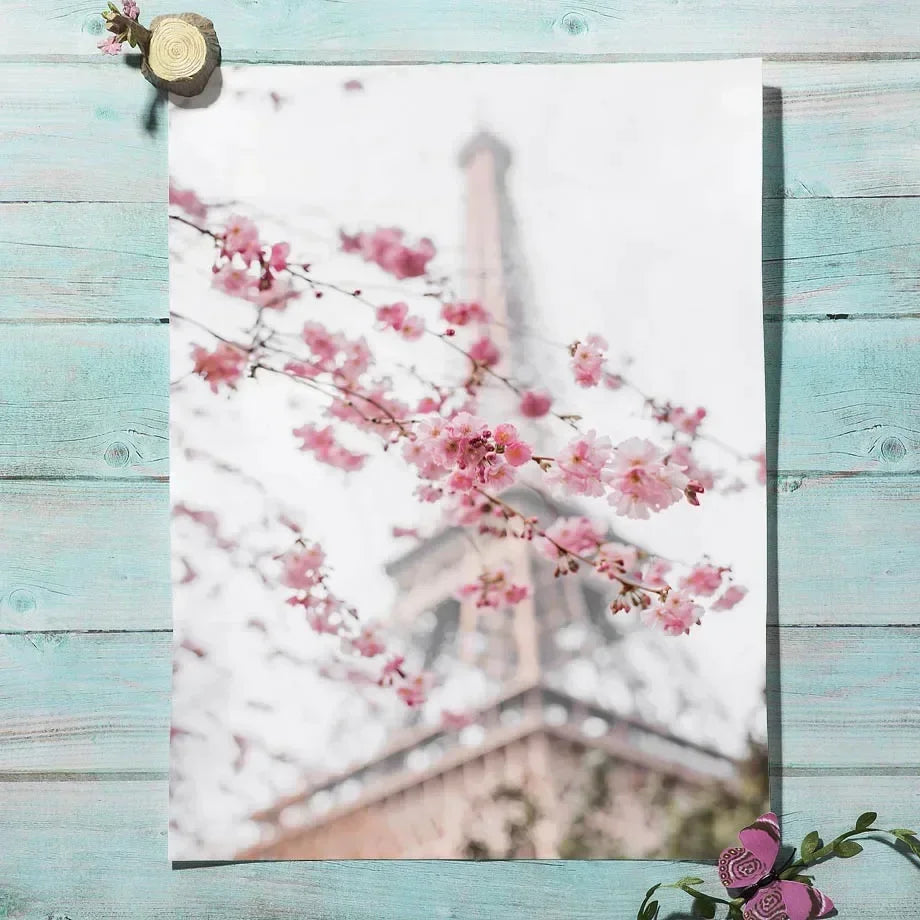 Pink Sakura Spring Paris City Landscape Rose Peony Canvas Paintings Poster Wall Art Pictures for Living Room Bedroom Home Decor