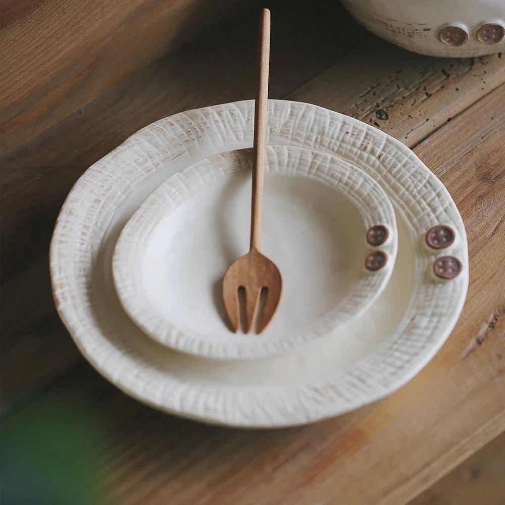 Creative Porcelain Bowl Vintage Hand-Made Button Relief Ceramic Homehold Dinnerware Fruit Vegetable Salad Bowls Kitchen Supplies