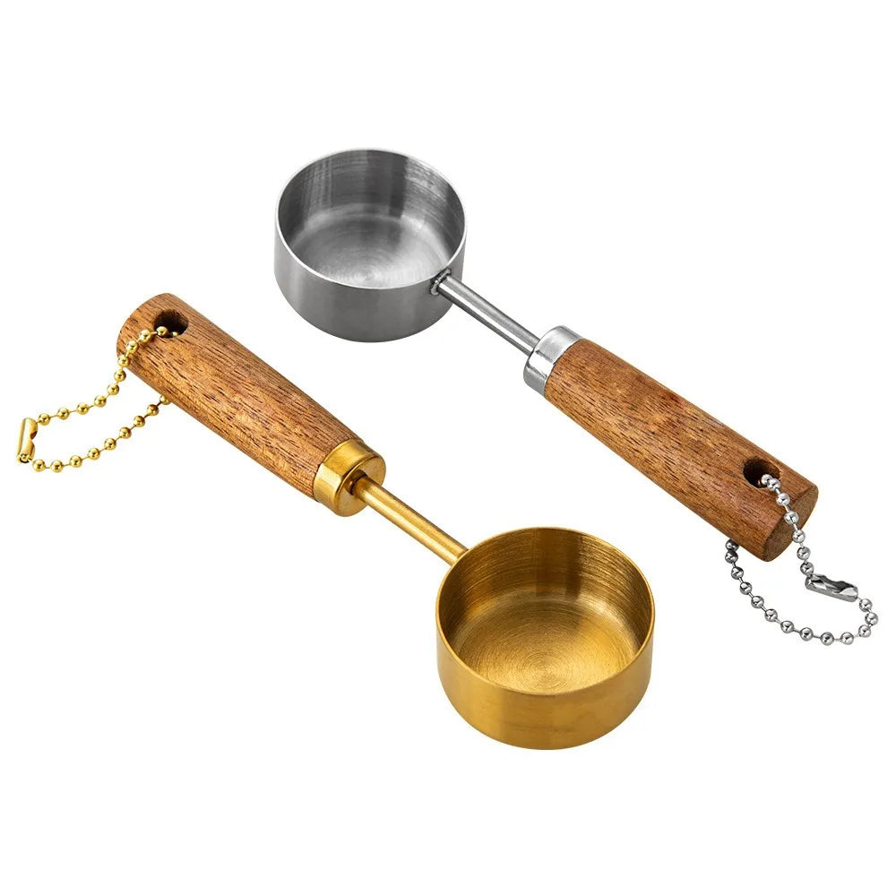 14ml Stainless Steel Measure Spoon with Wood Handle Hangable Measuring Cup Flat Bottom Rustproof Kitchen Measure Tools