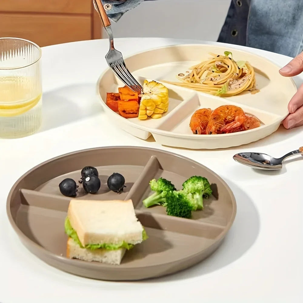 5pcs Dinner Plate, Unbreakable 8.94inch Wheat Plastic Round Gridded Dinner Plate, Divided Plate, Picnic Plate, Salad Plate, Dish