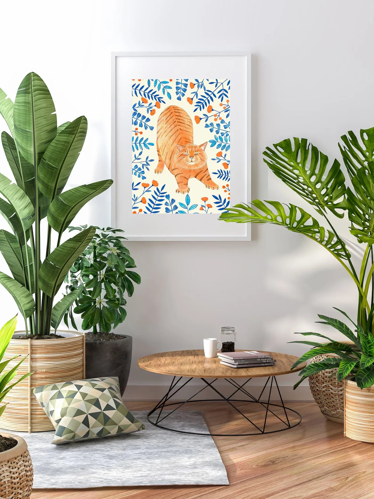 Ginger cat wall art, Floral art print, Orange cat painting, Kitten illustration, Animal artwork, Nursery prints, Flowers wall de