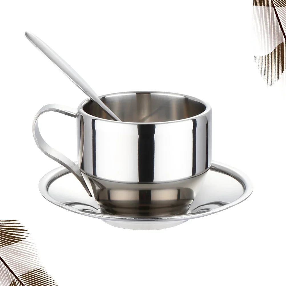 3Pcs Stainless Steel Tea Cup Coffee Cup Set Plate Spoon Ergonomic Handle Safe Material Perfect for Daily Coffee Tea