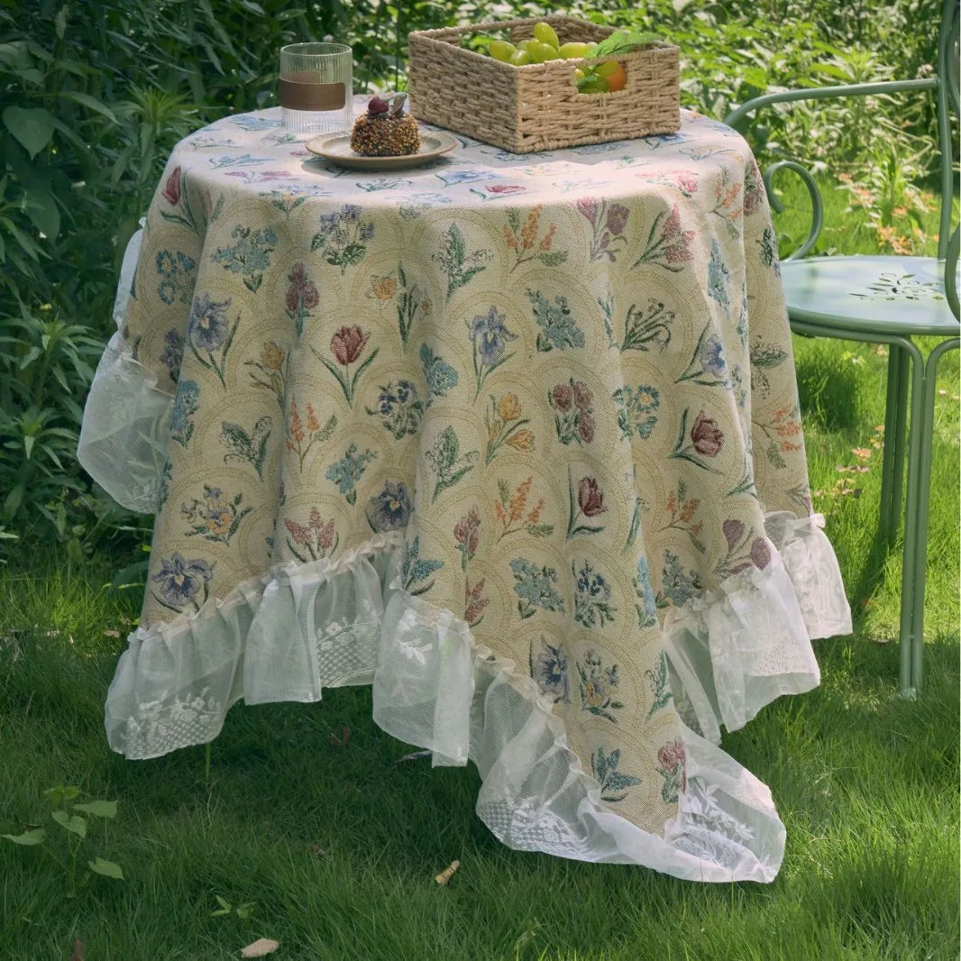 Floral Tablecloth with Lace Trim Flower Jacquard Rectangular Dinner Table Cover,for Kitchen Dinning Tabletop,Home Parties Decor