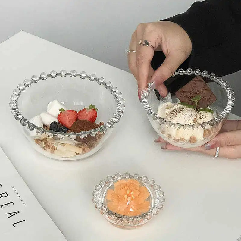 Beaded Edge Glass Bowl Dessert Ice Cream Bowls Home Fruit Salad Bowl Saucer Oatmeal Yogurt Bowl Tableware