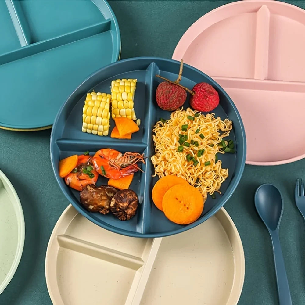 5pcs Dinner Plate, Unbreakable 8.94inch Wheat Plastic Round Gridded Dinner Plate, Divided Plate, Picnic Plate, Salad Plate, Dish
