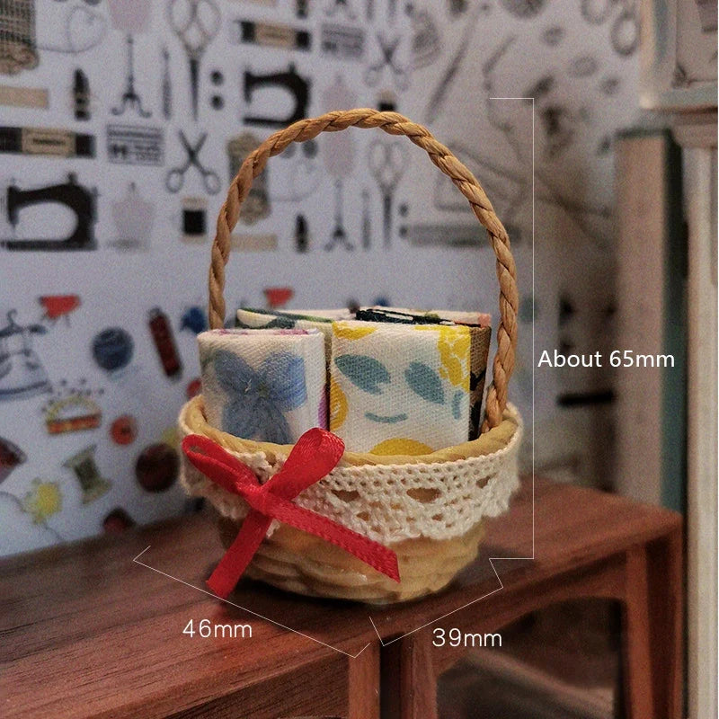 1/12 Dollhouse Simulation Mini Woven Fabric Basket Dollhouse Sewing Scene Decoration Accessories Dolls House Photo Props