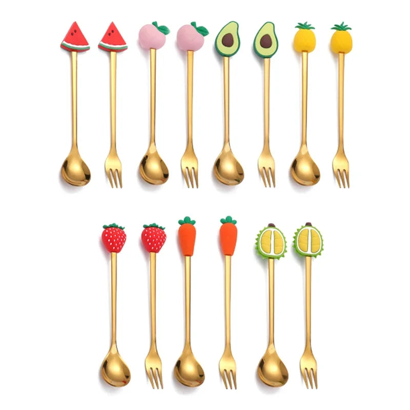 Cartoon Small Spoon Stainless Steel Fork Cartoon Macaron Dessert Spoons Fruit Kids Set Kitchen Accessories