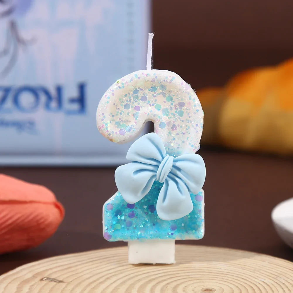 Blue and White Color Block Sequin Bow Digital Candle Birthday Party Cake Candle Creative Super Shiny Candle