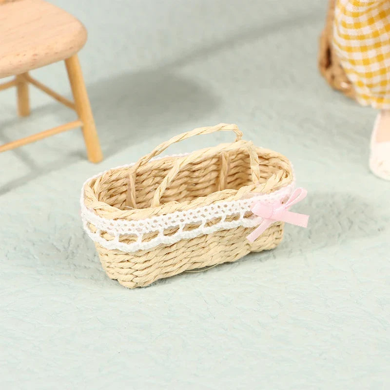 Exquisite Dollhouse Rattan Frame Basket for Miniature Display