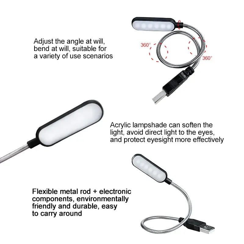 Portable USB LED Notebook PC Mini Book Light Reading Light Table Lamp Flexible 6leds USB Lamp for Power Bank Laptop Computer