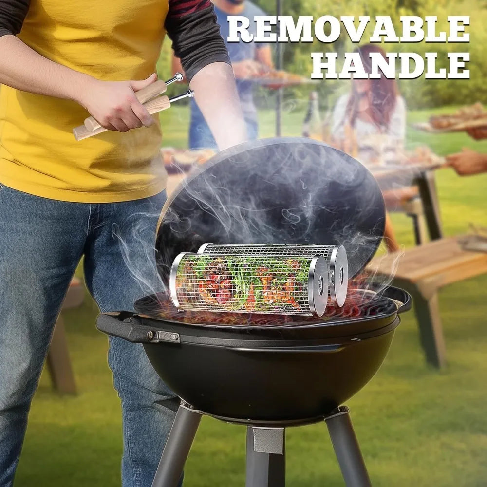 Nesting Grill Baskets 304 Stainless Steel Rolling Grilling Net Removable Wooden Handle BBQ Accessories Tools