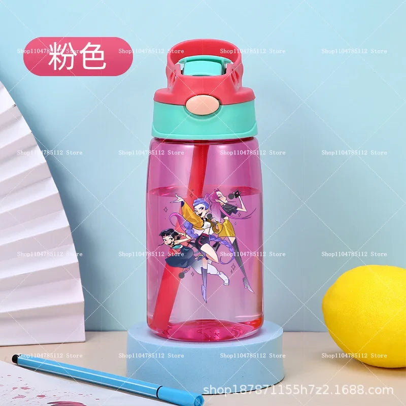 KPop Demon Hunters Drinking Glass Large Capacity Portable Plastic Mug Kids Cartoon Cute Sports Straw Drinking Cup Water Bottle