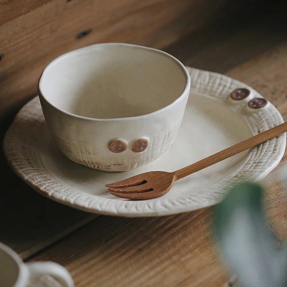Creative Porcelain Bowl Vintage Hand-Made Button Relief Ceramic Homehold Dinnerware Fruit Vegetable Salad Bowls Kitchen Supplies