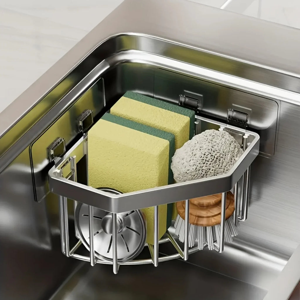 Stainless Steel Corner Sink Sponge Basket - Multifunctional Bathroom Shelf, No-Drill Caddy, 1 Piece
